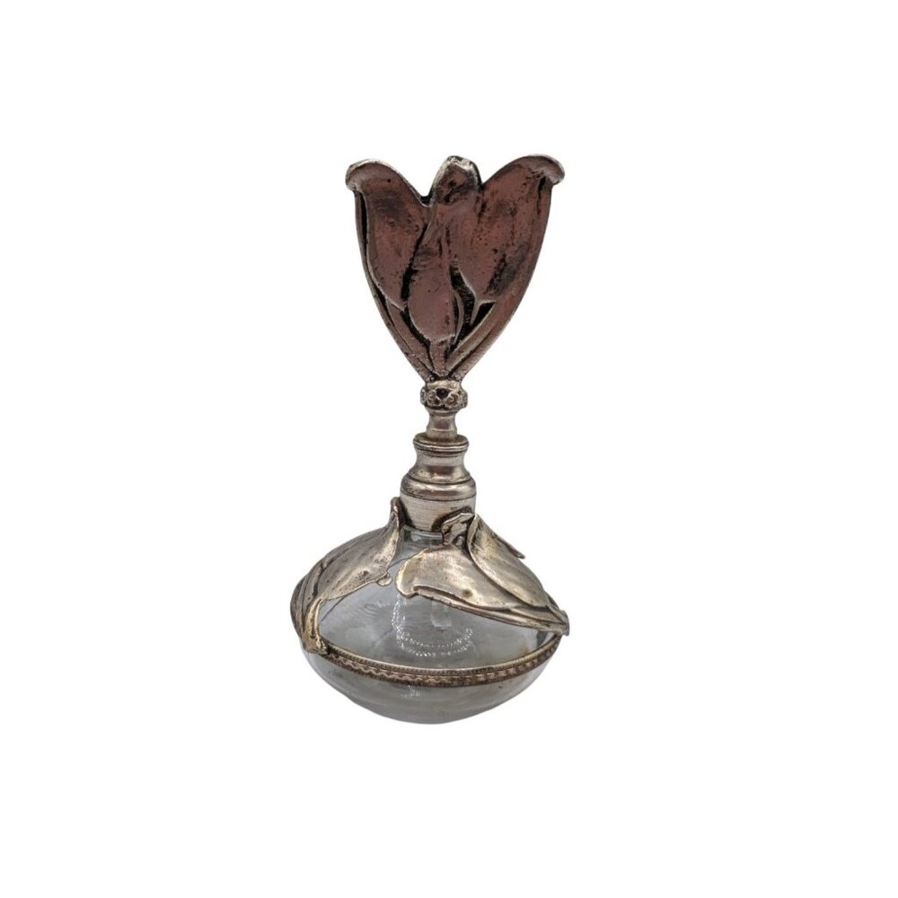 Vintage Silver-Plated Floral Tulip Perfume Bottle With Glass Dropper 6" Tall Ele - Picture 11 of 12